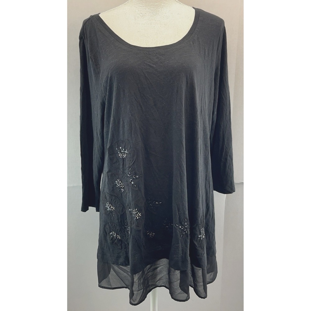LOGO by Lori Goldstein Size XL Black Beaded Embellished Floral Chiffon Trim Top